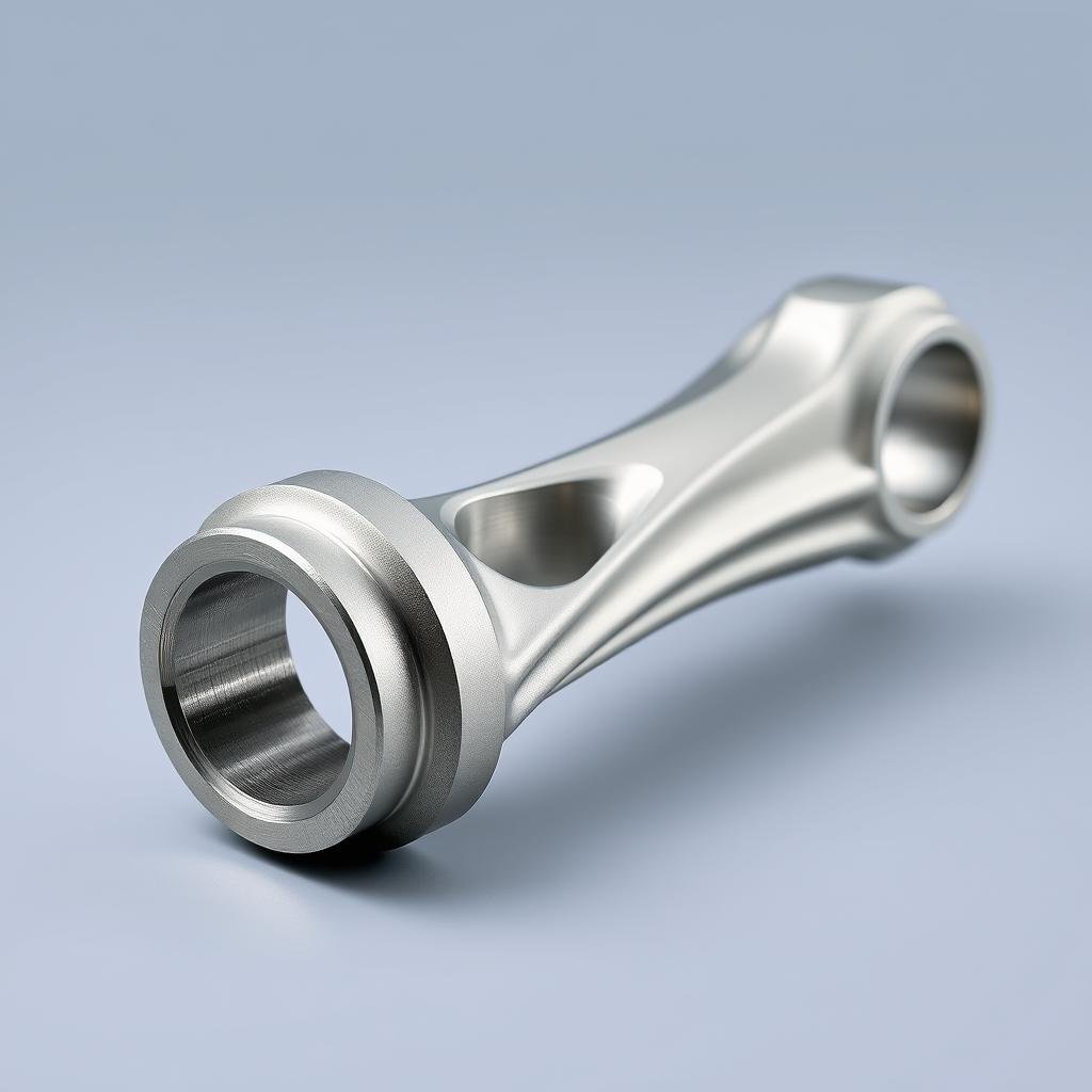 Forged automotive connecting rod showing directional grain flow for strength