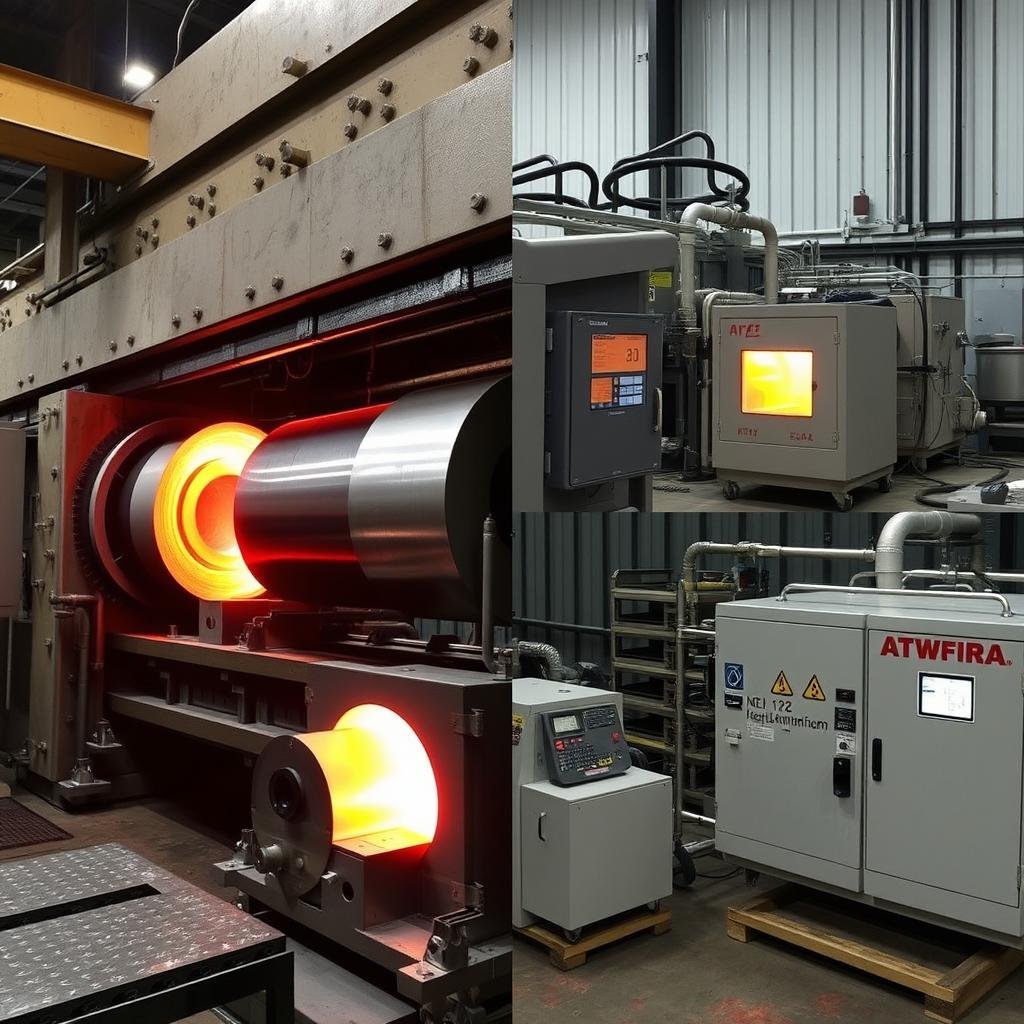 Forging press in operation and heat treatment furnaces