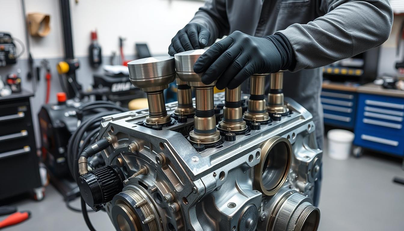 High-performance street engine with 4032 forged aluminum pistons being assembled