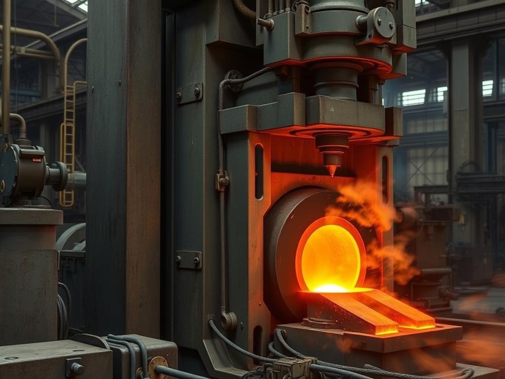 Hot metal being forged with industrial press showing the compression and shaping process
