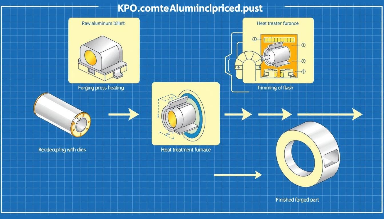 Illustration of the forged aluminium manufacturing process showing the key stages Illustration of the forged aluminium manufacturing process showing the key stages