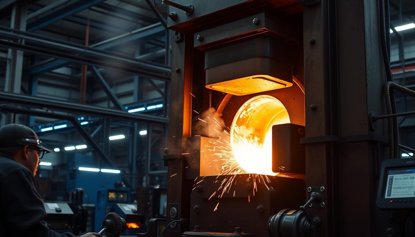 Industrial hot forging press machine forming metal at high temperature