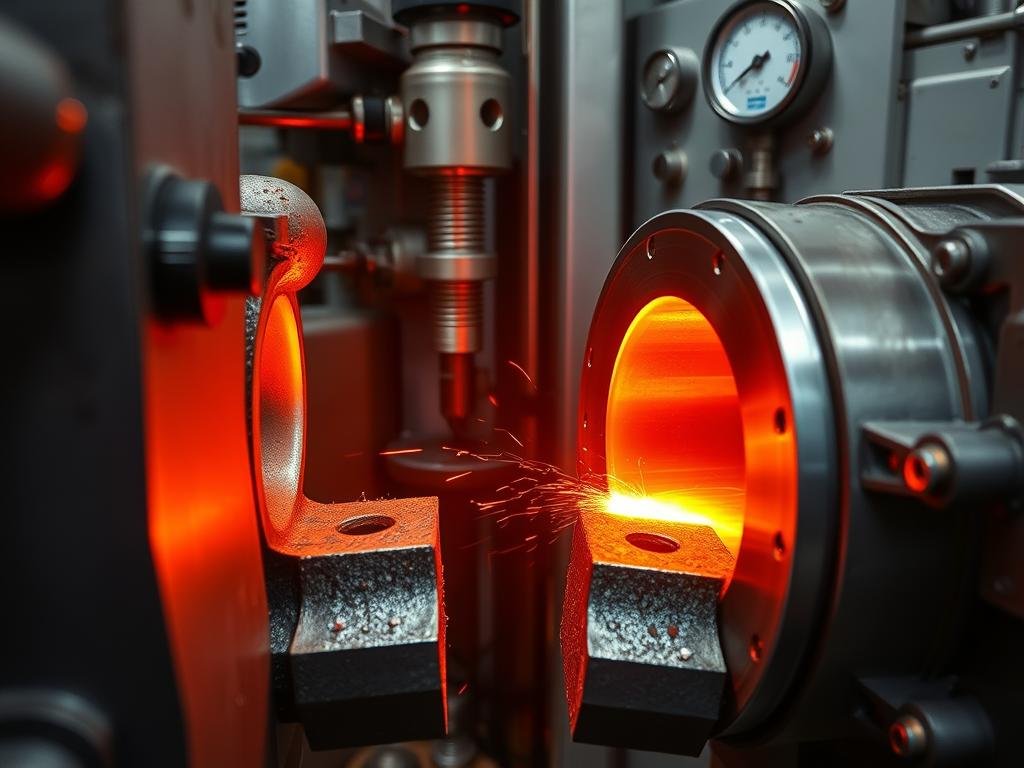 MAIKONG closed die aluminum forging process showing heated aluminum being formed in precision dies