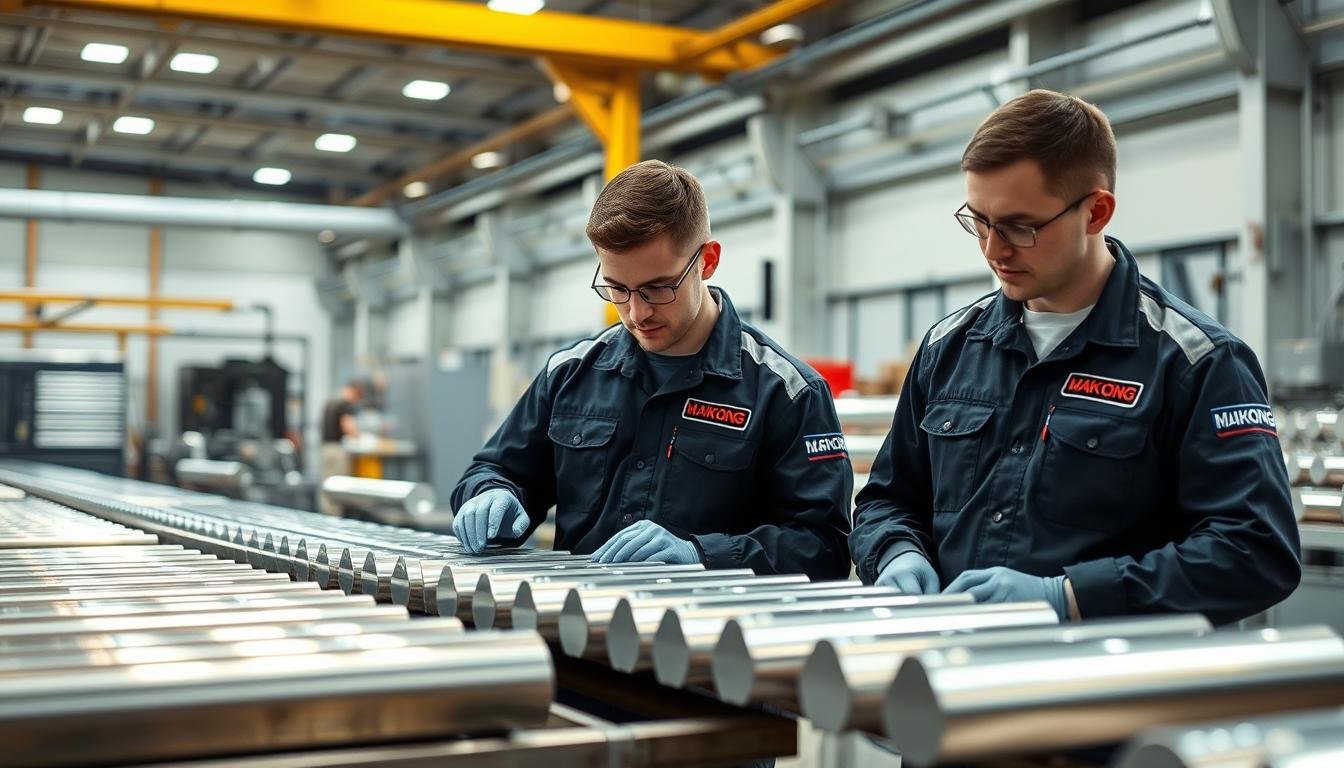 MAIKONG team members inspecting aluminum billets for quality MAIKONG team members inspecting aluminum billets for quality