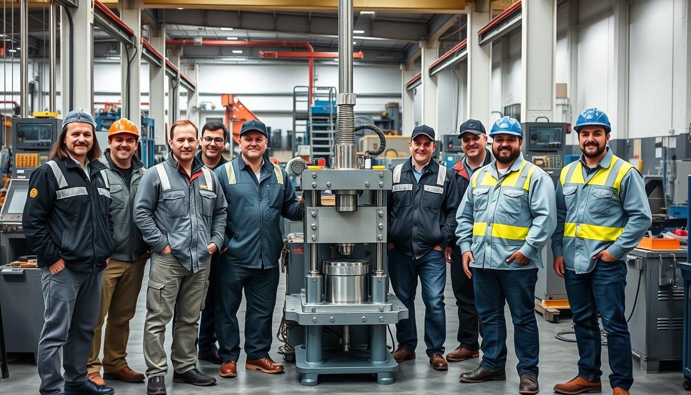 MAIKONG team of engineers and technicians with small aluminum forging press equipment