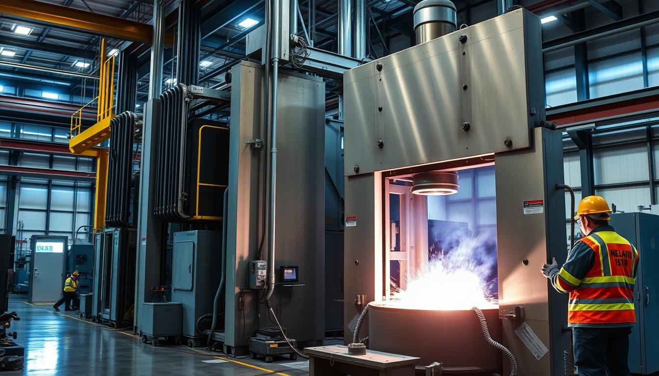 MAIKONG's advanced 2618 aluminum forging process showing hydraulic press operation