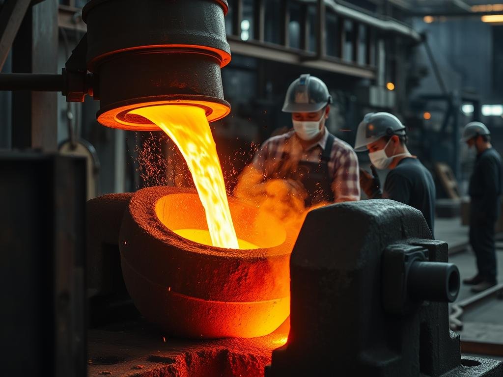 Molten metal being poured into a sand mold showing the cast process in billet vs cast manufacturing comparison