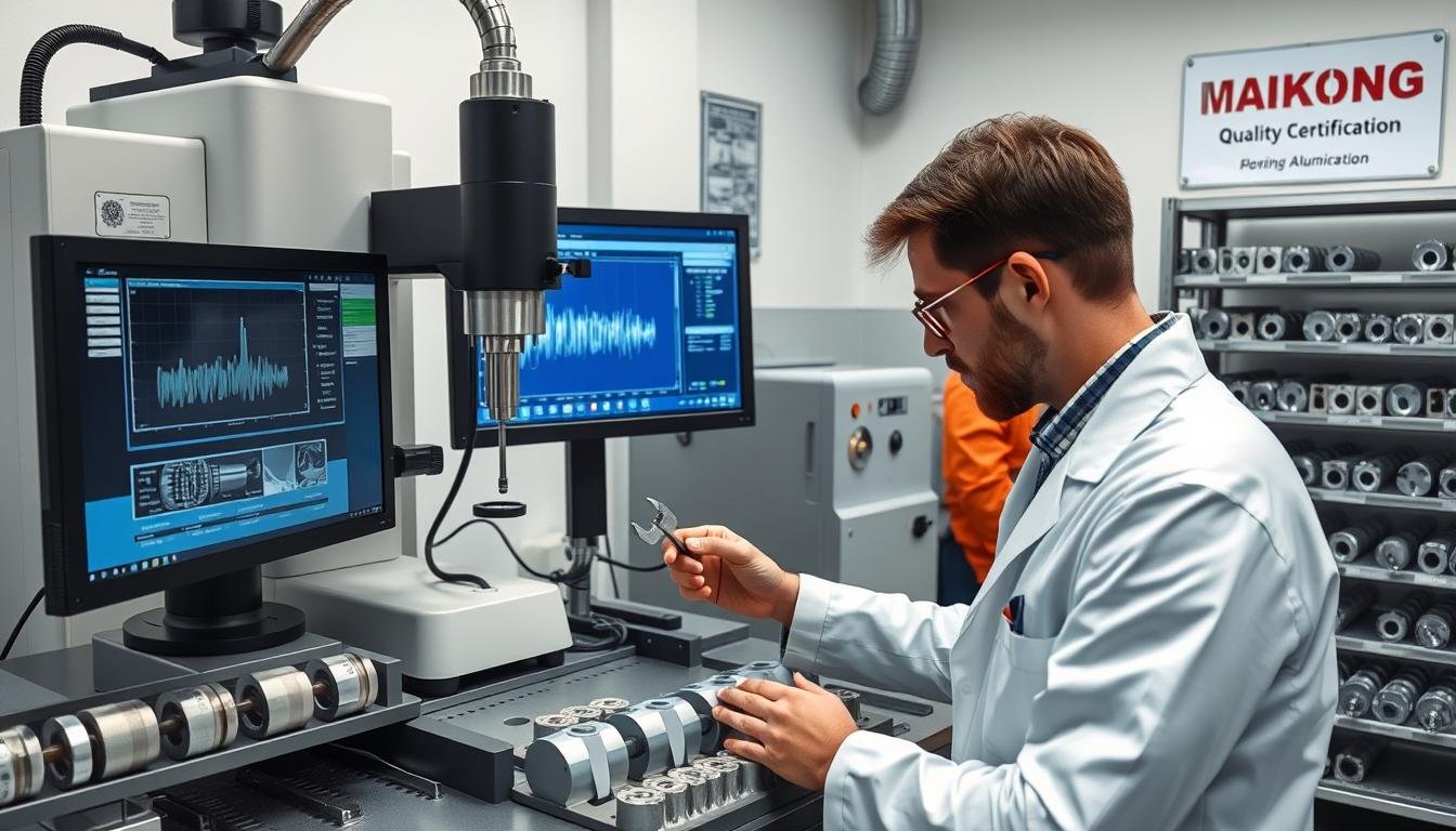 Quality control inspection of forged aluminium parts showing testing equipment Quality control inspection of forged aluminium parts showing testing equipment