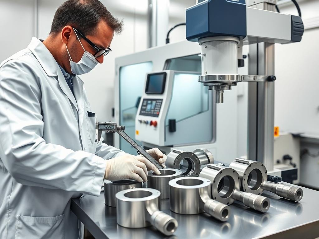 Quality control technician at MAIKONG inspecting aluminum forged parts with precision measurement equipment