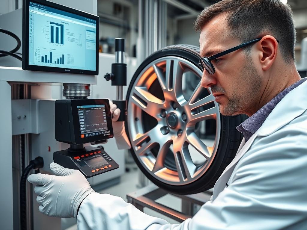 Quality control technician inspecting forged aluminum 6061 wheel with precision measuring equipment