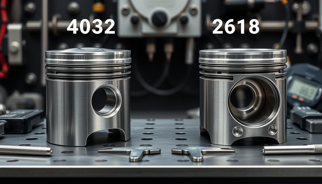 Side-by-side comparison of 4032 and 2618 forged aluminum pistons showing structural differences