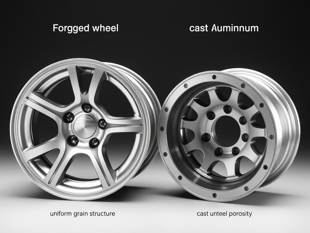 Side-by-side comparison of forged aluminum 6061 wheel and cast aluminum wheel showing structural differences