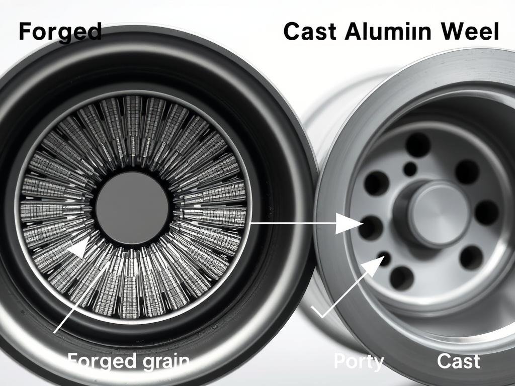 Side-by-side comparison of forged aluminum wheel and cast aluminum wheel showing structural differences