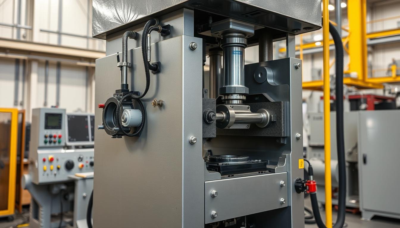 Small aluminum forging press in operation showing the hydraulic system and die setup