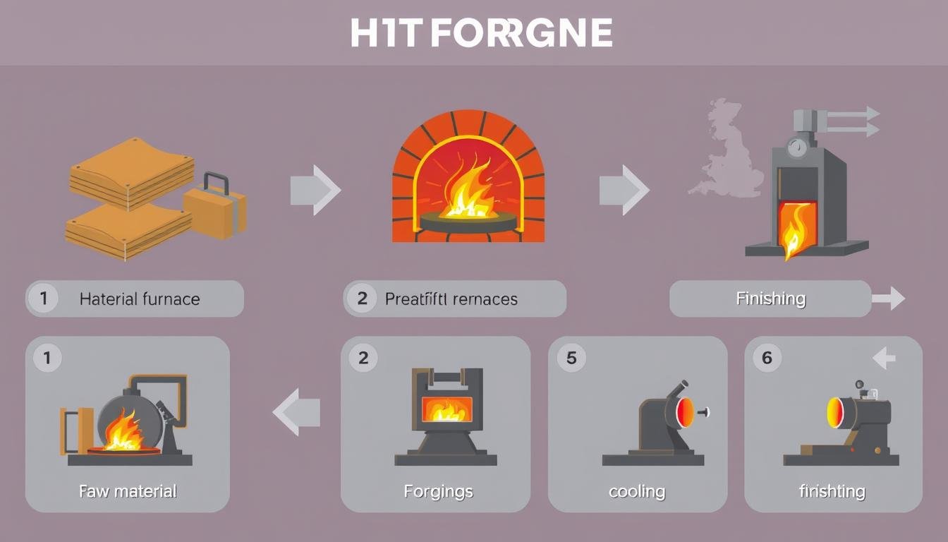 Step-by-step hot forging press process showing material transformation