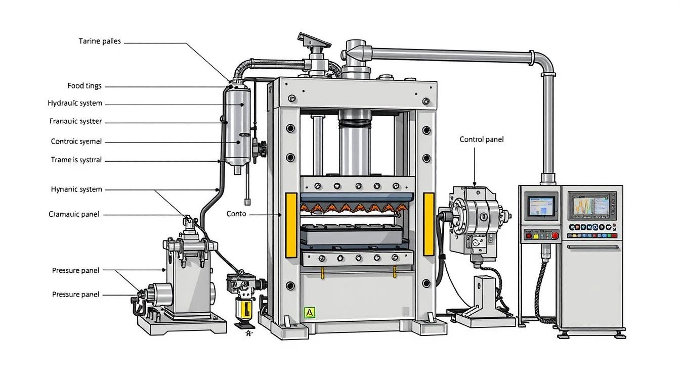 Technical diagram of small aluminum forging press showing key components