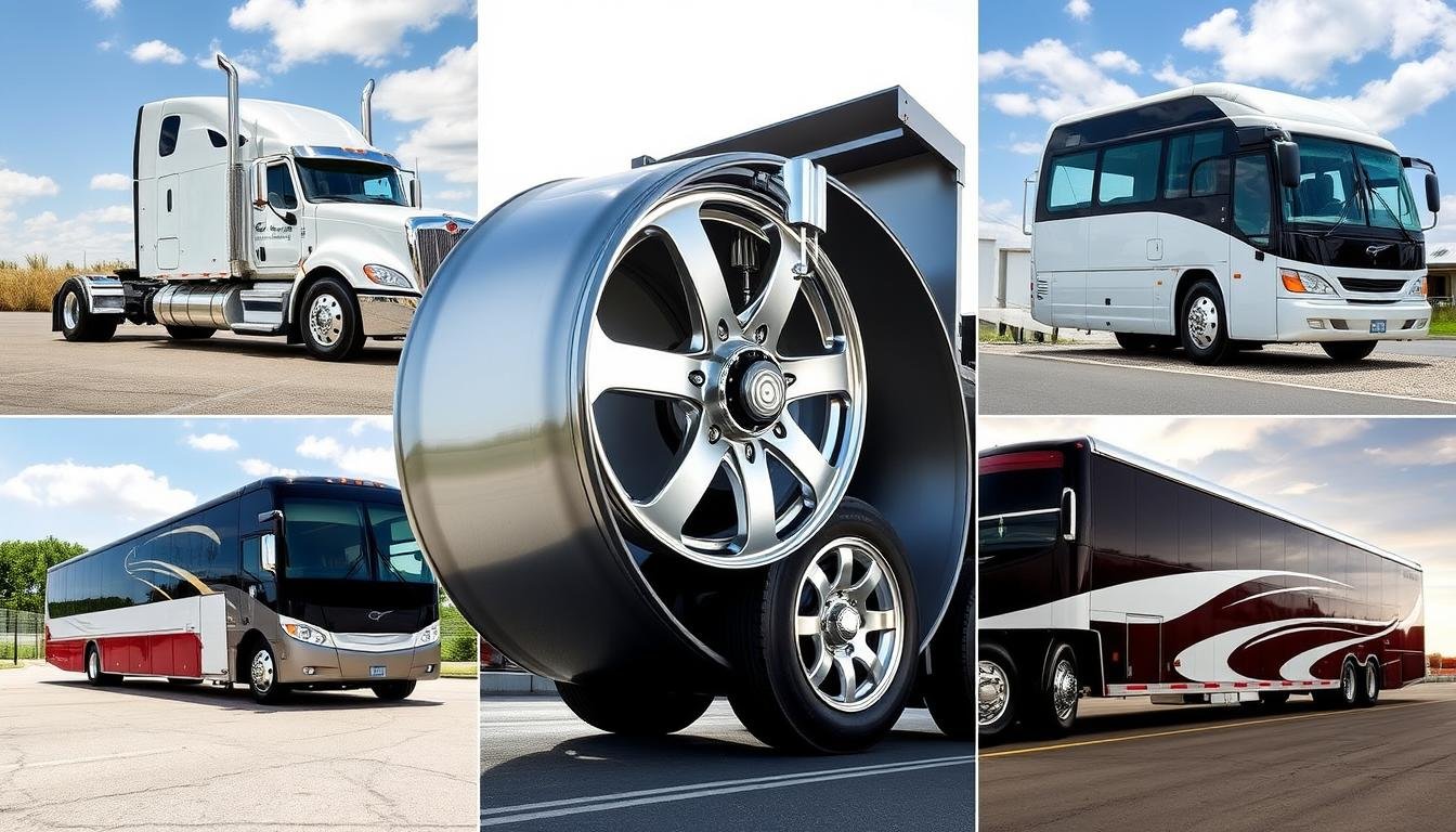 Various applications of Alcoa forged aluminum wheels on different commercial vehicles
